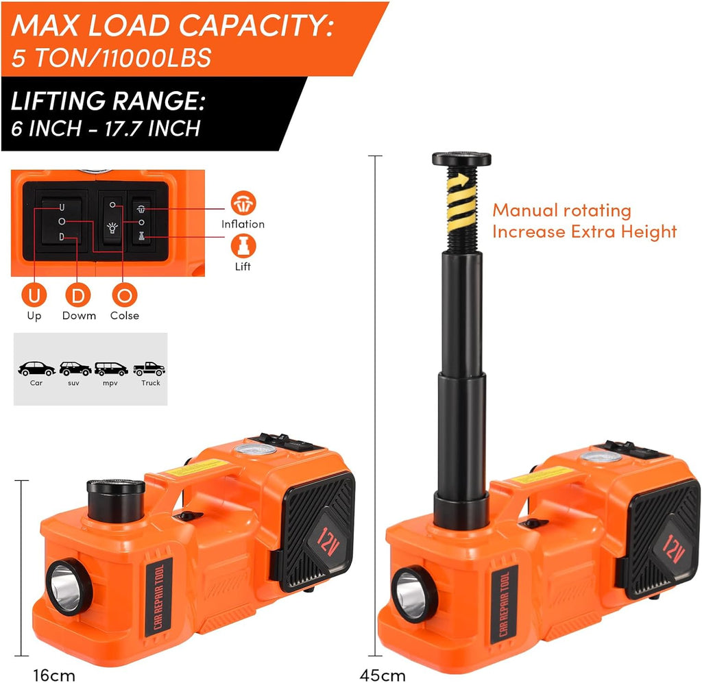 Electric Car Jack Kit 5 Ton 12V Floor Jack Portable Hydraulic Car Jack with Impact Wrench and Tire Inflator Pump for SUV Sedans Tire Change with LED Light, Lifting Height 6 to 17.7 Inch