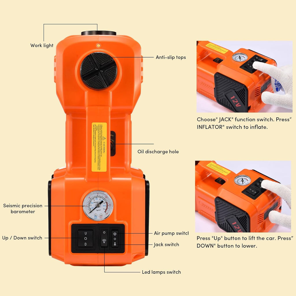 Electric Car Jack Kit 5 Ton 12V Floor Jack Portable Hydraulic Car Jack with Impact Wrench and Tire Inflator Pump for SUV Sedans Tire Change with LED Light, Lifting Height 6 to 17.7 Inch