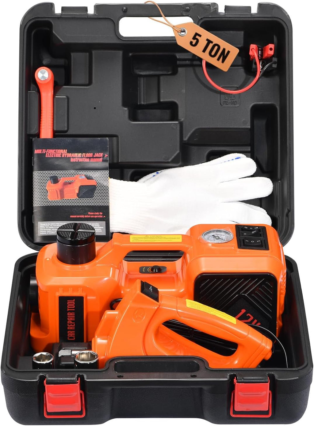 Electric Car Jack Kit 5 Ton 12V Floor Jack Portable Hydraulic Car Jack with Impact Wrench and Tire Inflator Pump for SUV Sedans Tire Change with LED Light, Lifting Height 6 to 17.7 Inch