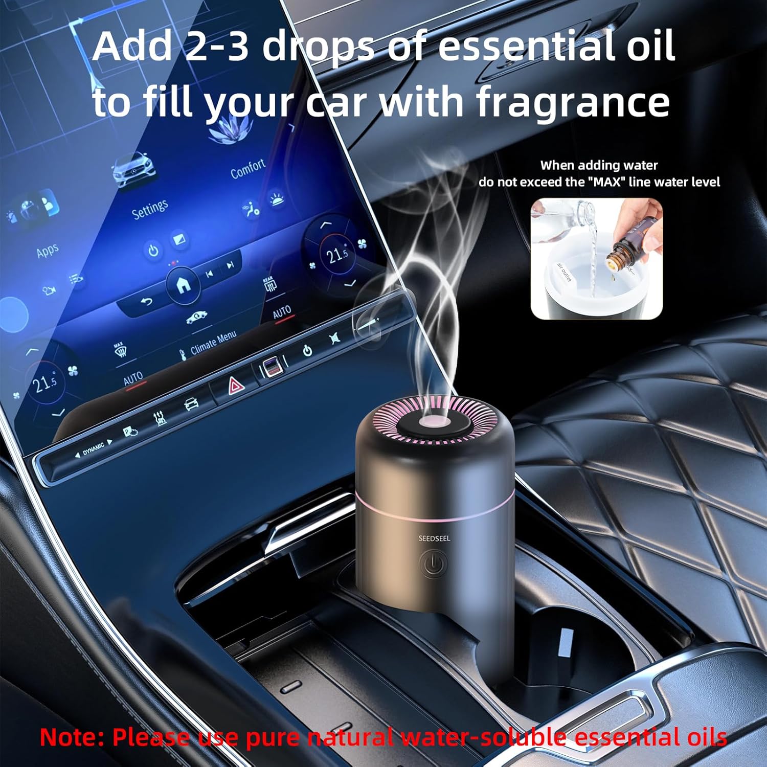 Car Aromatherapy Diffusers for Essential Oils，Mini USB Air Scent Small Humidifier with 7-LED Color Changing for Car Room Home Office Bedroom